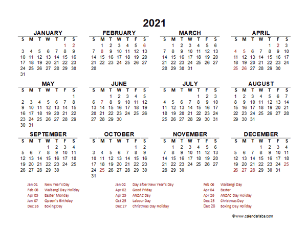 2021 Year at a Glance Calendar with New Zealand Holidays