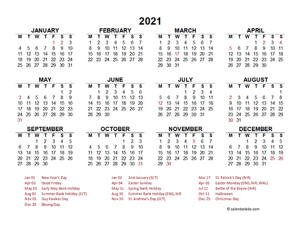 2021 Year at a Glance Calendar with UK Holidays