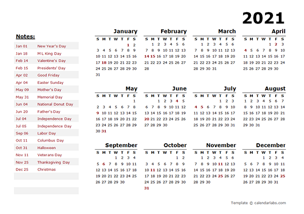 2021 Year Calendar Template With Us Holidays Free Printable