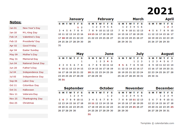 2021 Year LibreOffice Calendar Template With US Holidays