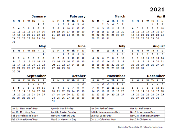 2021 Year Calendar Template with US Holidays