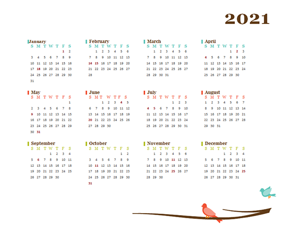 2021 Blank Yearly Calendar Bird Template