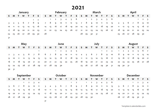 2021 Yearly Blank Calendar Template