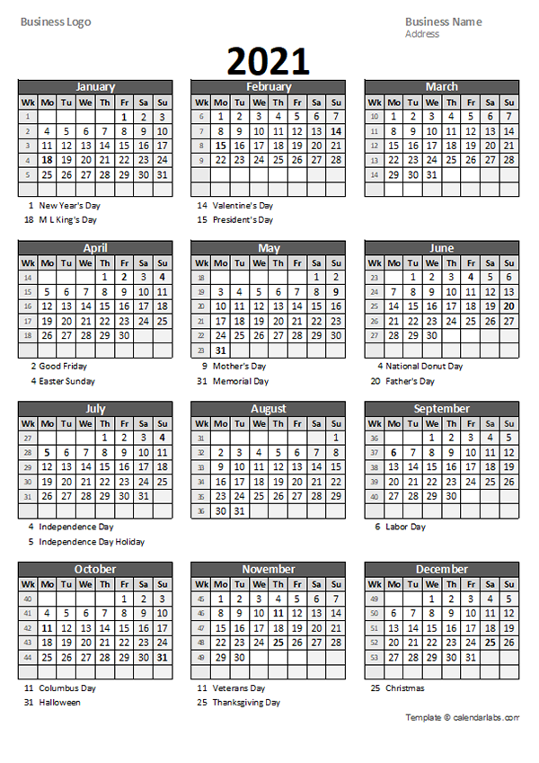 2021 Yearly Business Calendar with Week Number - Free Printable Templates