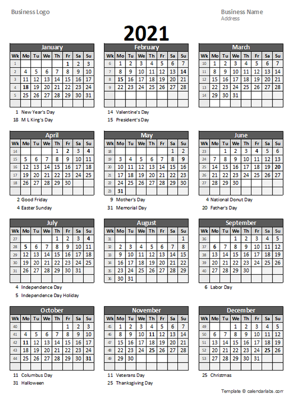 calendar for 2021 with week numbers 2021 Yearly Business Calendar With Week Number Free Printable Templates calendar for 2021 with week numbers