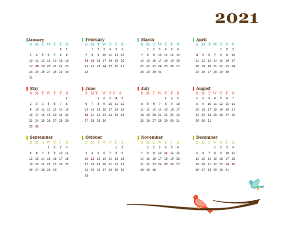 2021 Yearly Calendar Bird Template