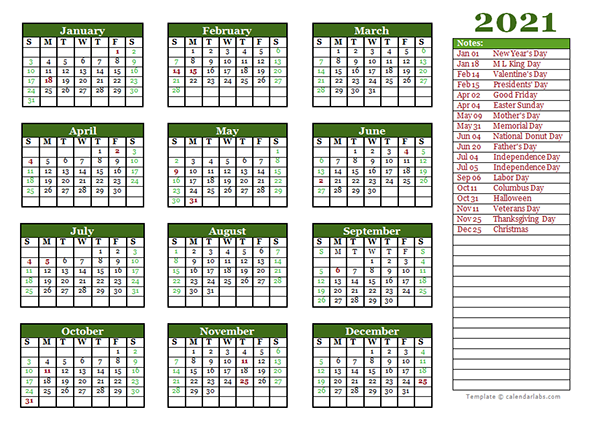 Editable 2021 Yearly Calendar Landscape