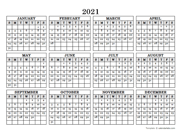 2021 Blank Yearly Calendar Landscape