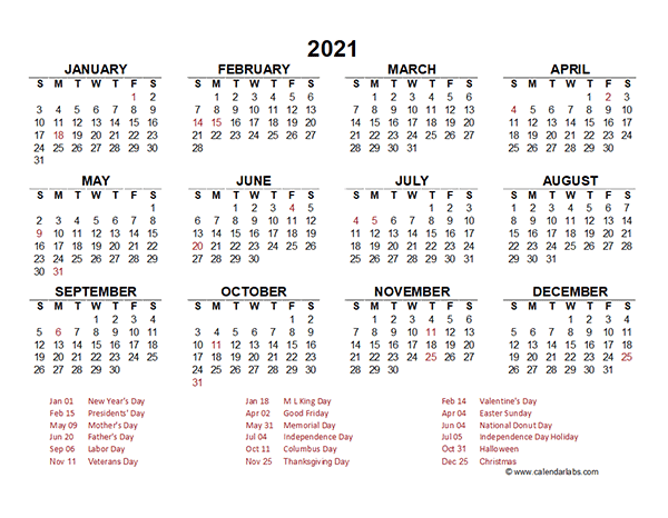 2021 Yearly Calendar Template Excel