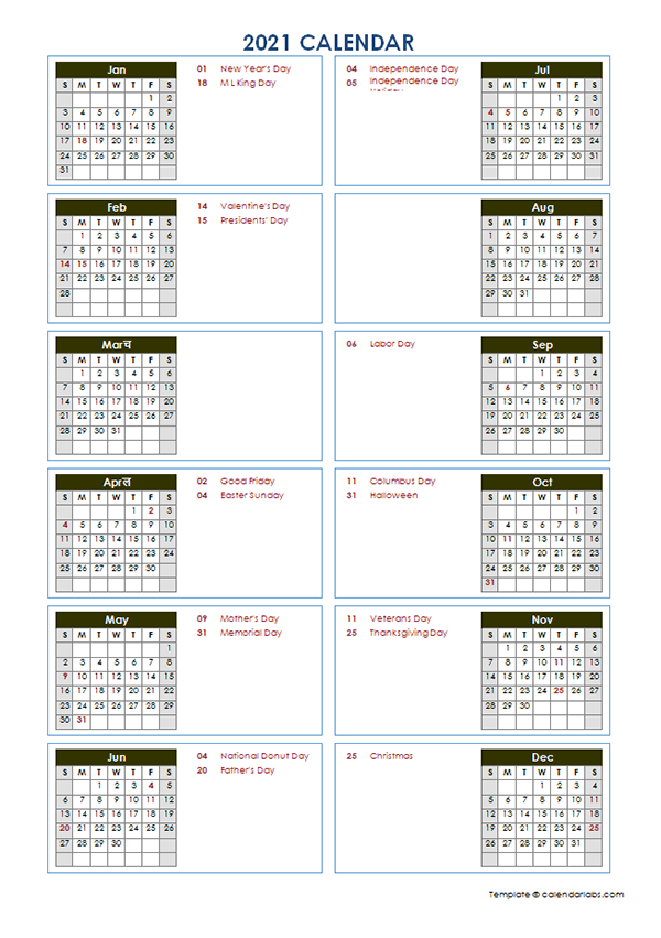 2021 Yearly Calendar Template Vertical Design