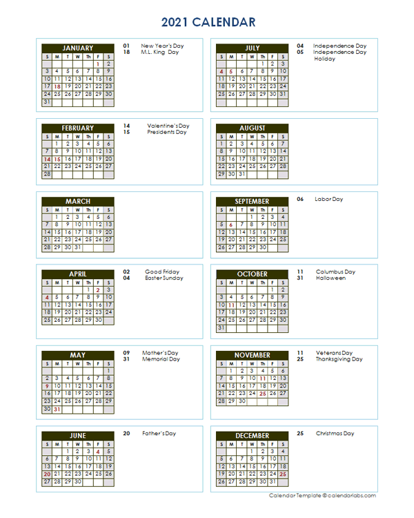 2021 Full Year Calendar Vertical Template