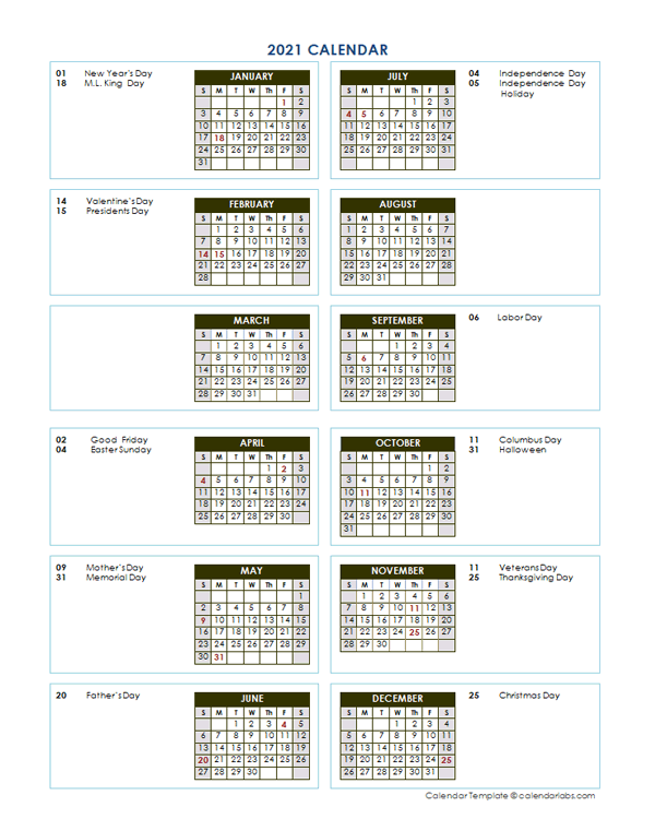 2021 Annual Calendar Vertical Template