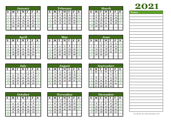 calendar with notes 2021 2021 Yearly Calendar With Blank Notes Free Printable Templates calendar with notes 2021