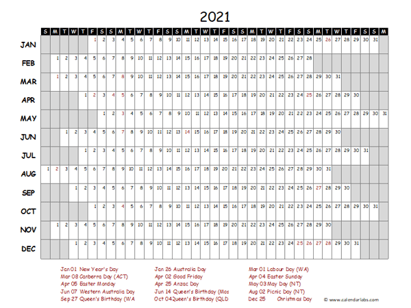 2021 Yearly Project Timeline Calendar Australia