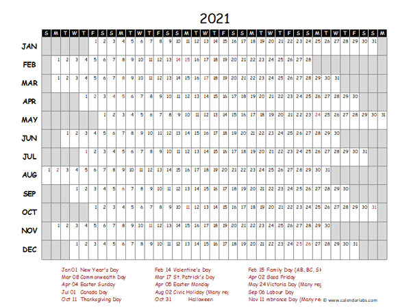 2021 Yearly Project Timeline Calendar Canada