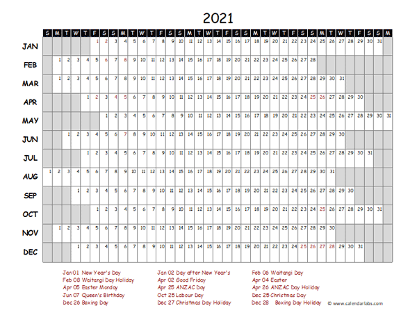 2021 Yearly Project Timeline Calendar New Zealand
