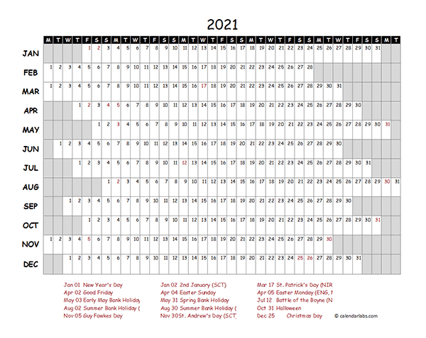 2021 Yearly Project Timeline Calendar UK