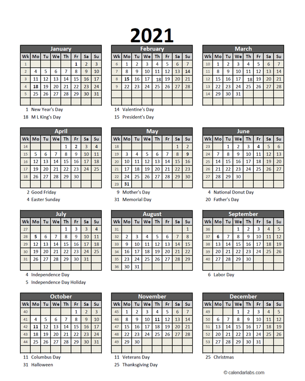Editable 2021 Yearly Spreadsheet Calendar