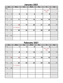 2021 2 months calendar template