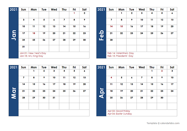 2021 calendar template 4 months per page