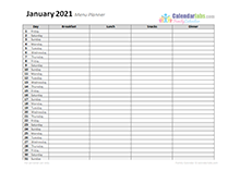 2021 Monthly Family Menu Planner