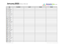 2021 Monthly Menu Planner