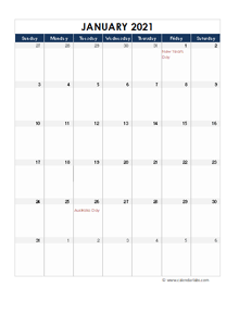 2021 Australia Calendar Spreadsheet Template