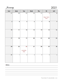 2021 Australia Calendar Template Large Boxes