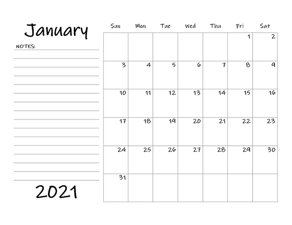 2021 calendar template with monthly notes