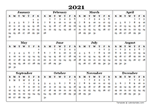 Yearly Calendar Print 2021 Calendar One Page