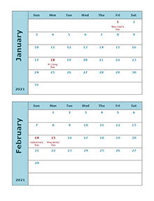 2021 Calendar Template Two Months Per Page