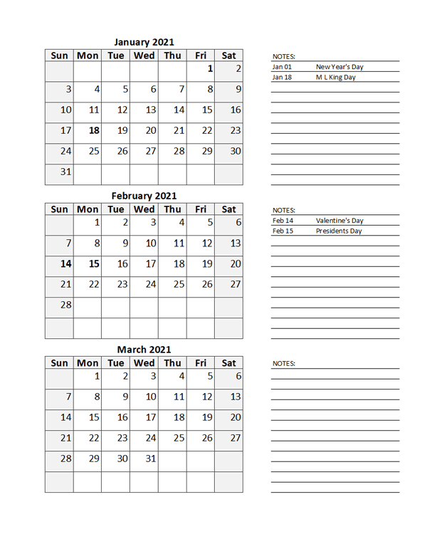 2021 Quarterly Calendar Spreadsheet