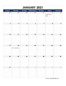 2021 Excel Monthly Calendar Template