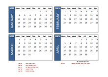 2021 Four Month Calendar with UK Holidays