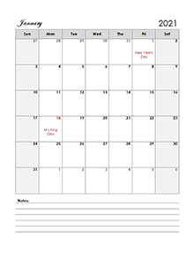 2021 Calendar Template Large Boxes