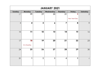 2021 monthly calendar with US holidays