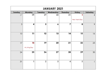 2021 Monthly Calendar with US Holidays