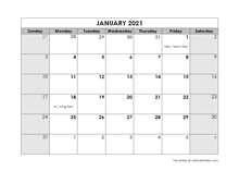 2021 Monthly Word Calendar Template with Holidays