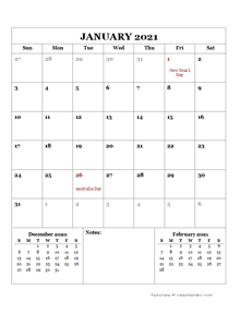 2021 Printable Calendar with Australia Holidays  