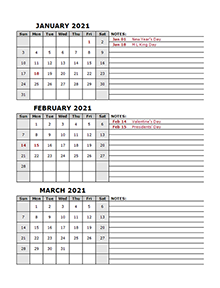 2021 Quarterly calendar with US holidays