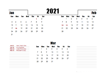 2021 Quarterly Three Month Calendar