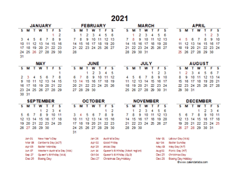 2021 Year at a Glance Calendar with Australia Holidays