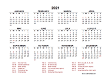 2021 Year at a Glance Calendar with Thailand Holidays