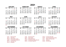 2021 Year at a Glance Calendar with UK Holidays