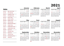 2021 year calendar with US federal holidays