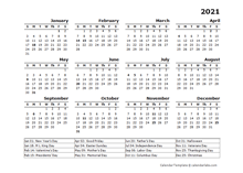 2021 Year Calendar Template with US Holidays