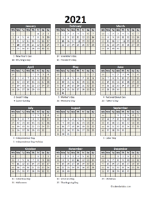 2021 Yearly Spreadsheet Calendar