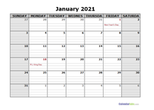 January 2021 Calendar Word