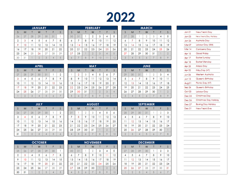 2022 Australia Annual Calendar with Holidays Free