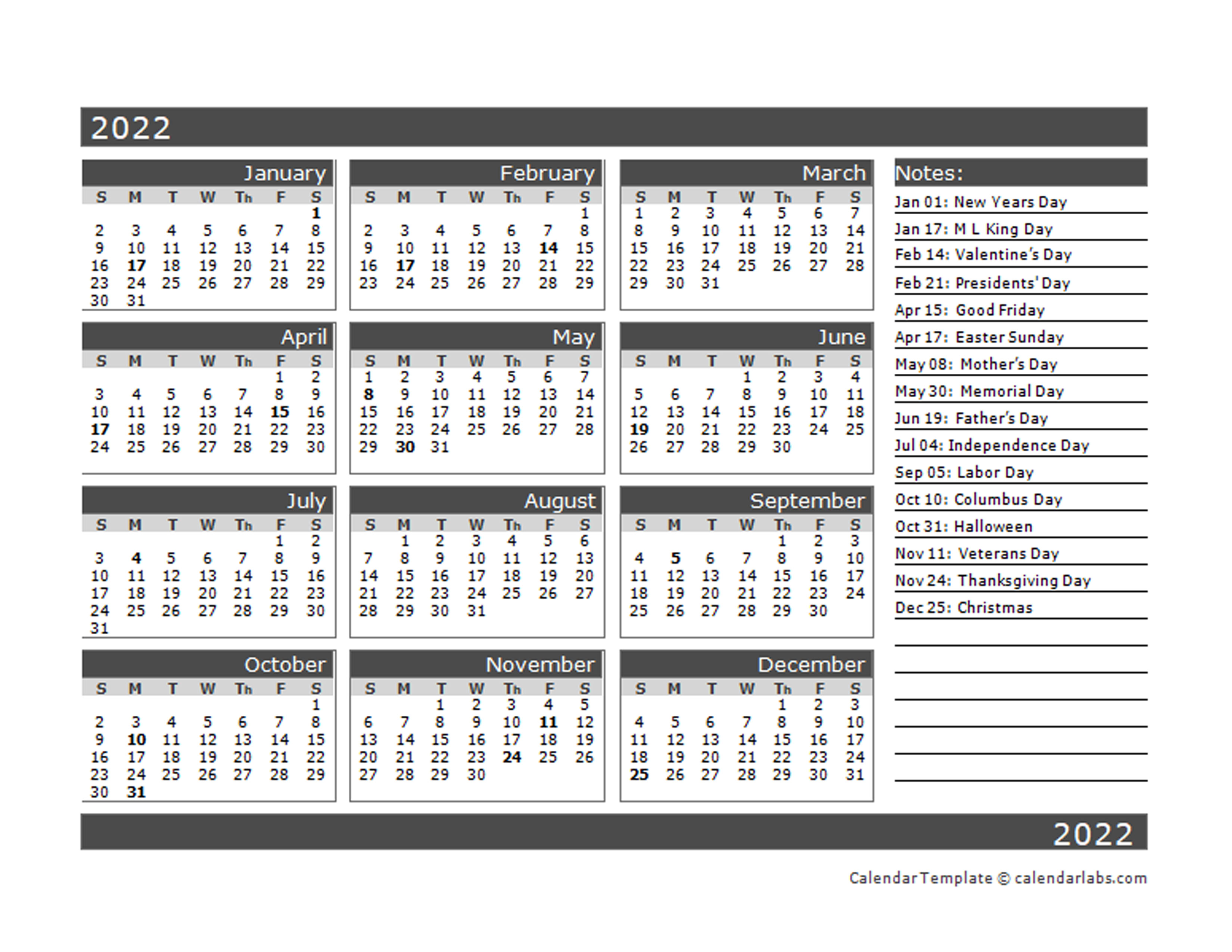 12 Month Calendar 2022 Printable